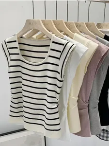 2026-os nyári tavaszi csíkos felsők Női Ujjatlan kötött pólók Crop Topok Női Rugalmas Vékony Alkalmi Mellények Pullover Camis