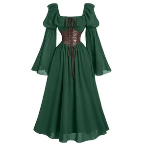 Middelalderlige europæiske og amerikanske Halloween New Women's Palace Vintage kjole Hornærmet talje Firkantet hals flagermusærmet lang kjole