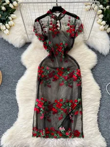 Woman Embroidery Floral Mesh Fashion Sexy Dress Chinese Style Short Sleeve Split Hollow Out Cheongsam New Gauze Sheer Dress