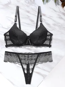 Dame blomstret blonde lingeri sæt gennemsigtigt mesh forførende babydoll push up bh og trusser 2 stk sæt med strømpebånd