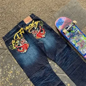 Calças de brim dos homens streetwear y2k vintage perna reta denim calças crânio rosa chama impressão design solto ajuste retro punk hip hop moda