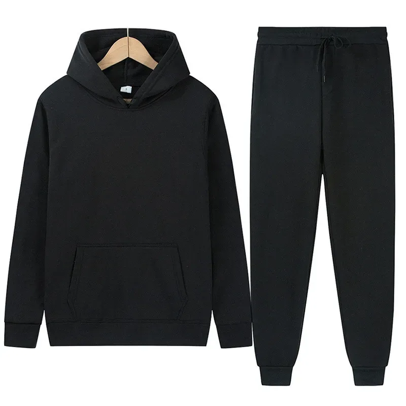 Men's Autumn/Winter New Solid Color Hoodie + Pants Two-Piece Set, Stylish Casual Sports Suit with Custom Printed Logo