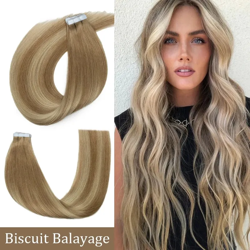 Remy Straight Tape in Human Hair Extensions 20Pcs Omber Blonde Tape in Extensions Skin Weft Natural Hair14-24inch Invisible