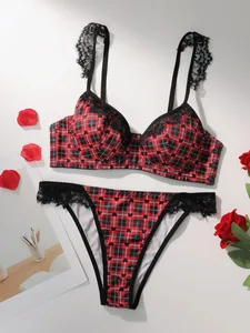 Kvinder Plaid Hjerte Print Lingeri Sæt Blonde Spaghetti Strap BH og Trusse Sæt Blødt Komfortabelt Dame Intim Sleep Undertøj Sæt