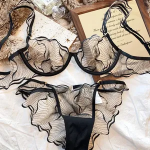 French Embroidery Lace Bra Set For Women Ultra Thin Sheer Minimizer Bra Hollow Out Lingerie Brassiere 32-38AB Elegant Daily Wear