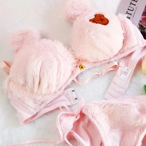Zimní roztomilý kreslený medvěd výšivka Sladké spodní prádlo Podprsenky Spodní prádlo Dvoudílné sady Sladký plyšový set Sexy přítelkyně dárek