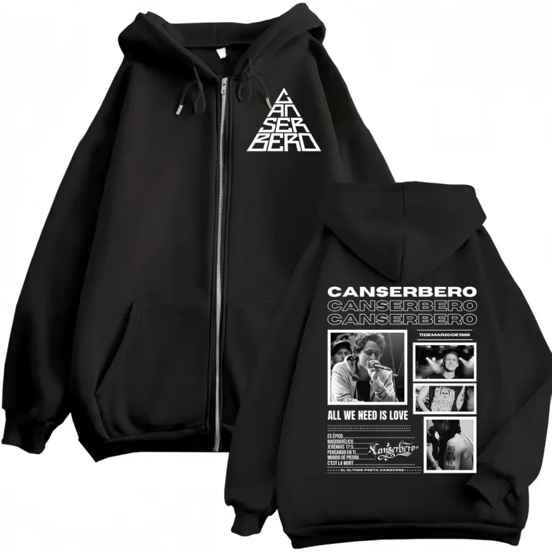 Canserbero Wszystko, czego potrzebujemy to miłość Muerte Vida Merch Bluza z kapturem na zamek Moda męska Hip Hop Bluzy z zamkiem Casual swetry polarowe