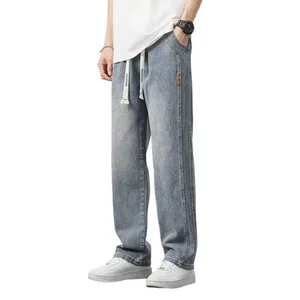Pantalons texans de color degradat per a homes no deformats Pantalons texans de cintura elàstica versàtils per a homes, cordó ajustable, color sòlid per a casual