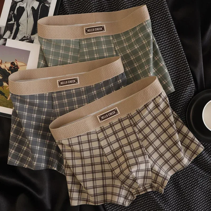Boxer rétro imprimé à carreaux pour hommes, sous-vêtements doux, confortables et respirants, sans couture, 4 pièces