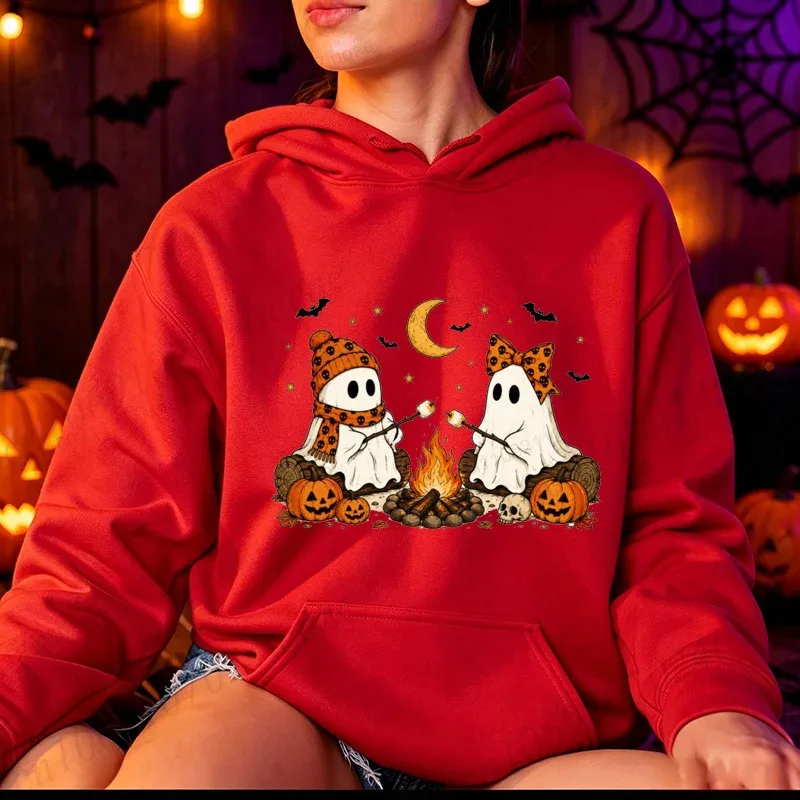 Halloween-Roztomilé-Ghost-Camping-Fall Pánské Dámské Mikiny Vintage Mikiny Podzim Dýně Mikiny s kapucí Strašidelná sezóna Sportovní oblečení
