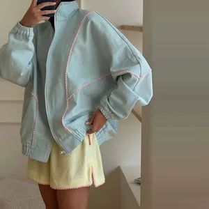Polka Dot Cropped Windbreaker Jacket Contrast Pink Seam Piping Side Pockets Loose Outerwear 2026 Autumn Street Daily Lady Coat