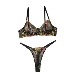 Sheer Intimates Transparent Lingerie Set Ultra-thin Push Up Embroidery Floral Underwear Elegant Bra Suit Girl