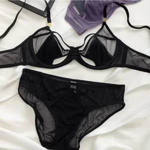 Set Sutiã E Calcinha Rendado Sem Espuma Aro Flexível Push Up Transparente Estilo Dark Academia Sensual I Elegante