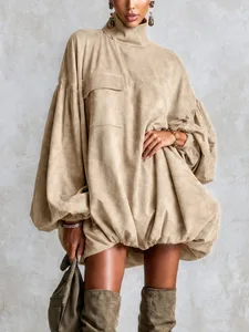 Őszi téli garbó nyakú mini ruha női elegáns lámpás, hosszú ujjú, bő, egyenes rövid ruha Alkalmi utcai ruhák