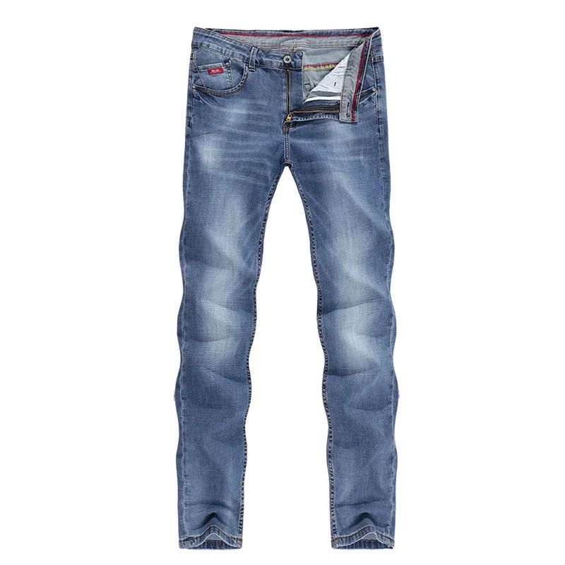 Calças de brim dos homens 2024 primavera outono negócios casual em linha reta magro fitness elástico azul cavalheiro calças cowboys jean hombre