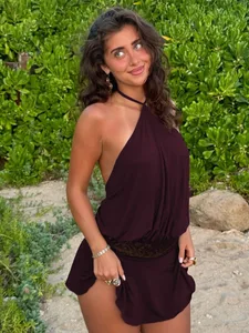 Hugcitar-minivestido Sexy de encaje con espalda descubierta para mujer, minivestido Sexy con cuello Halter, ropa de vacaciones para fiesta y Club 2025