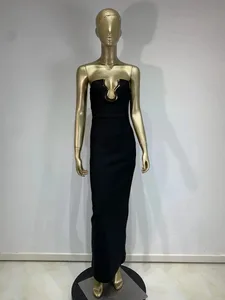 2025 mujeres celebridad Sexy sin tirantes espalda descubierta negro Maxi vestido ceñido largo vendaje vestido elegante noche Club fiesta traje