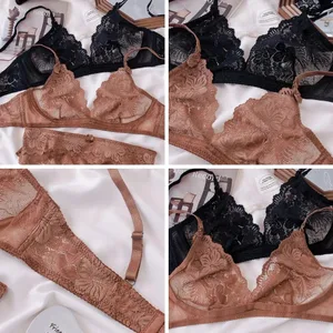 مجموعة ملابس داخلية مثيرة من الدانتيل الأسود للنساء حمالة صدر لاسلكية مريحة ومجموعة سراويل داخلية مقاس كبير