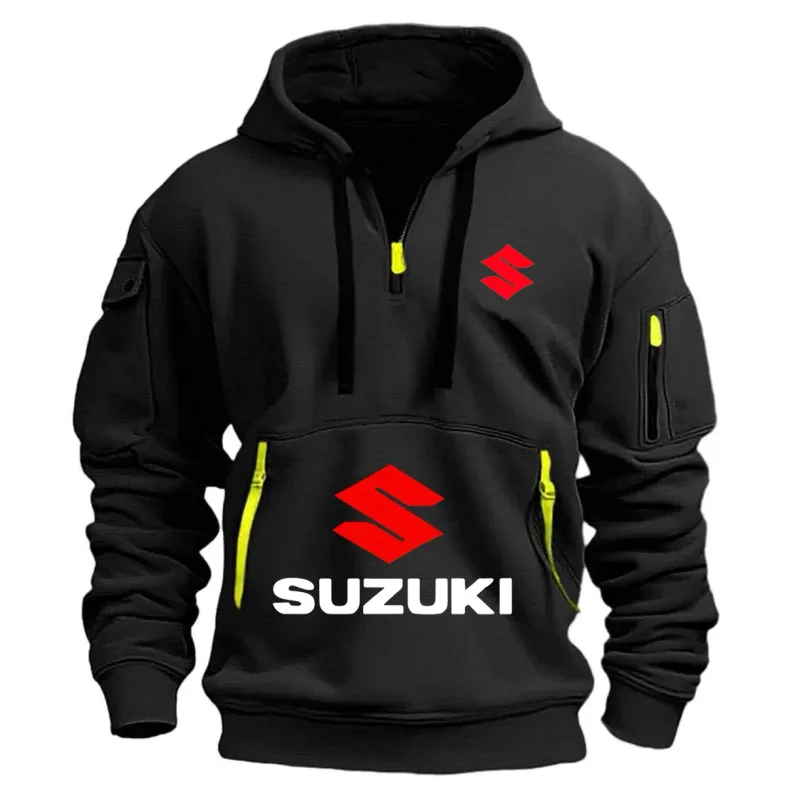 2026 New Motorcycle-style Suzuki Hoodie with Half-Zip Design and Red Logo, Unisex Workwear-style Casual Top