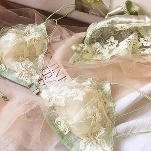 Fransız Niş iç çamaşırı seti Işlemeli Örgü Üçgen Fincan Kablosuz Bralette Retro Dantel Ince Seksi Rahat Sütyen ABD Tushy MOYISU