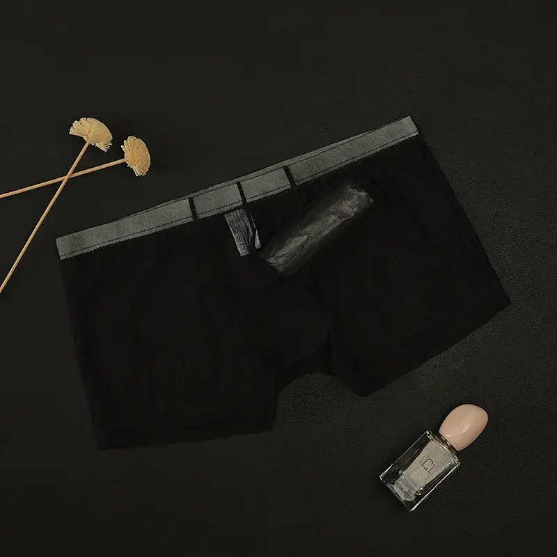 เร้าอารมณ์ Men's Boxy ชุดชั้นในเกย์เซ็กซี่ต่ำเอวจมูกช้างนักมวยกางเกงขาสั้นตาข่ายบางโปร่งใส Breathable น้ำหนักเบากางเกง