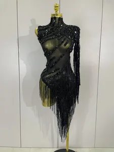 Baru Berlian buatan Berkilauan Jumbai Pakaian Lubang Seksi Wanita Satu Bahu Pakaian Tarian Latin Bar Kelab Malam Kostum Pentas Parti