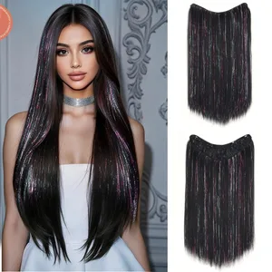 24Inch Synthetic Long Straight Clip‑in Hair Extension Sparkling Tinsel Hair High-Temp Fiber Hairpiece para sa Women Party Cosplay