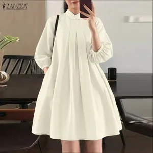 Sommer Damen Elegante Gefaltete Kleider Stehkragen 3/4 Puffärmel Geknittert A-Linie Knielanges Kleid Lässige Roben Femme