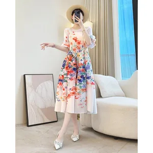Miyake Elegante Pflanze Blumen Druck Plissee frauen Kleid Chic Neue Runde Kragen Laterne Hülse Elastische Lose Casual Kleider