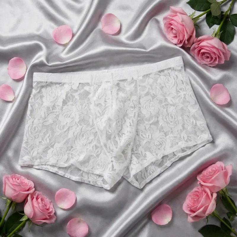 1pc Fesyen Lelaki Rekaan Baharu Sulaman Renda Seksi, Seluar Dalam Sudut Rata Renda Lutsinar yang Keanjalan Tinggi, Seksi, Sutera Ais 3256811662670417