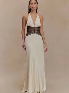 MO Patchwork เซ็กซี่ลึก V คอลูกไม้ Halter ผู้หญิง Maxi ชุดสีขาวชุดราตรีฤดูร้อน Slim Elegant Party Dress