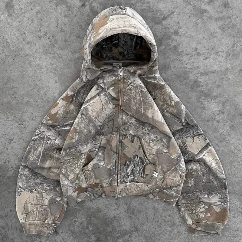 Y2K rétro sweat à capuche zippé hommes motif Camouflage sweat-shirt à fermeture éclair haute rue Hip Hop Streetwear surdimensionné unisexe sweat à capuche Camouflage