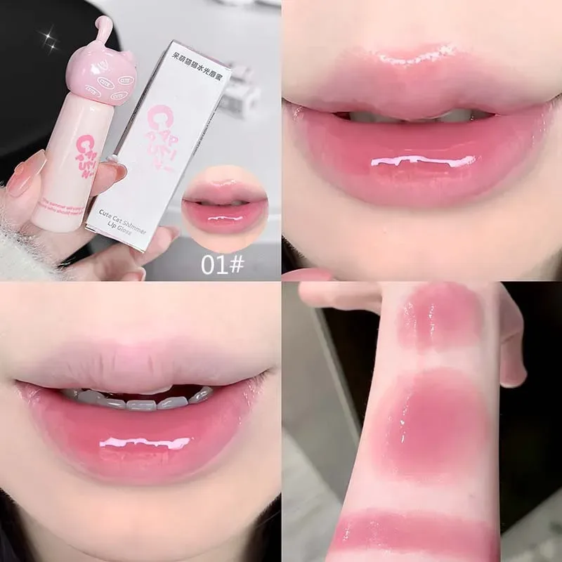 Cute Cat Water Mirror Gloss de buze Hidratant de durată Trandafir Caise Roz Nuanță Glazură de buze Ruj nud Machiaj coreean Fată