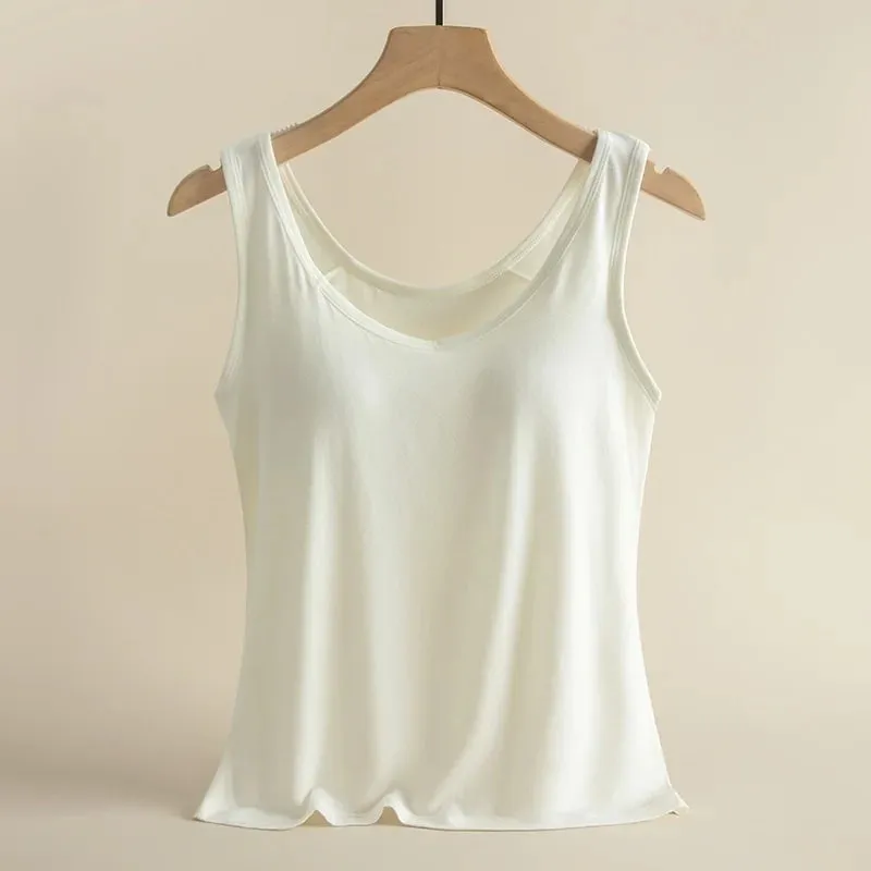 1pcs Women's Vest Tops Round Neck Vests Solid Color Padded Slim Fit Tank Tops Sexy Feminino Casual Tank Tops With Built In Bras