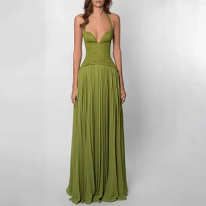 สีเขียวFishbone Corset Halter Maxiชุดผู้หญิงBacklessปิดไหล่Patchwork Slim Dresses Lady Christmas Partyชุดใหม่