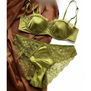 Satin Châu Âu Nửa Cúp Push Up BH Set Bügel Dünn Glatt Grün Spitze Komfortabel Gợi Cảm Dessous Für Damen 32-38 Bán Chạy YEMOMO