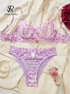 Lingerie velata a rete Abiti a due pezzi Set di biancheria intima floreale francese seducente Set di reggiseno e slip sexy con ricamo da donna