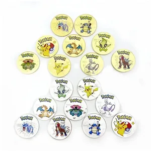 Monedas de oro de Pokémon Pikachu, moneda conmemorativa de Anime Charizard, monedas de Metal redondas doradas, juguetes