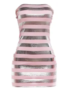 Kliou Glänzendes Streifen-Patchwork-Kleid Frau Sexy Wrap Brust Rückenfrei Ärmelloses dünnes Pfirsich-Hüft-High-Street-Fashion-Mini-Bodycon