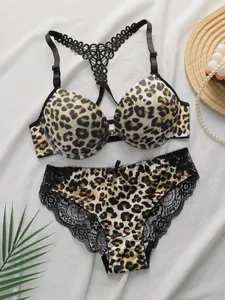 Bh-set met luipaardprint voorsluiting en push-up lingerieset met beugel voor dames, sexy kanten bralette en panty, tweedelige outfit