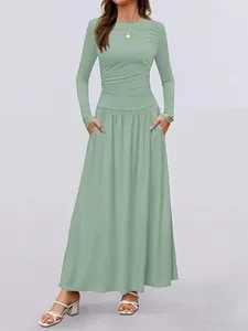 Autumn New Arrivals Women Long Sleeve Maxi Dress Comfortable Fit Ruched Detail Multi Color for Casual Everyday Wear