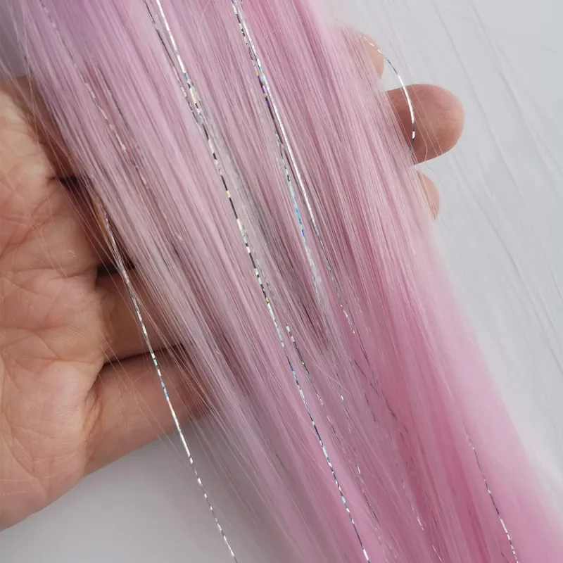 Sky Blue Hair Clip in Colored Extension Mixed Silver Tinsels Synthetic Rainbow Hairpiece Holiday Party Highlights for Women Girl