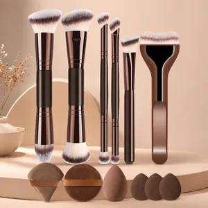 Set Kuas Rias 12 Buah dengan 6 Kuas Datar dan Bulat serta 6 Spons untuk Bedak Foundation Perona Pipi dan Eyeshadow