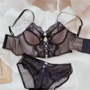 Fransk Push Up-undertøjssæt med blonder Mulher tynd bøjle-bh Sheer Ruched Chemise Blød Petite Small Bust S-XL Petite Elegance