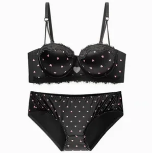 Set de sutien și chiloți din dantelă dulce cu inimă dulce, susțin lateral sexy cu împingere în sus, lenjerie moale, anti lasare, pentru bust mic 32‑38AB Set sutien