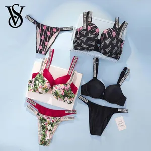 Victoria's Secret Schouderbanden met strasslogo Kanten ondergoed Sexy lingerieset Push-up bh en slipje voor dames
