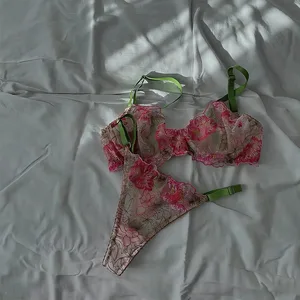 Conjunt de roba interior de dona amb brodat de flors sexy de Clashing, sostenidor push-up amb vestit de calçotets per a dona