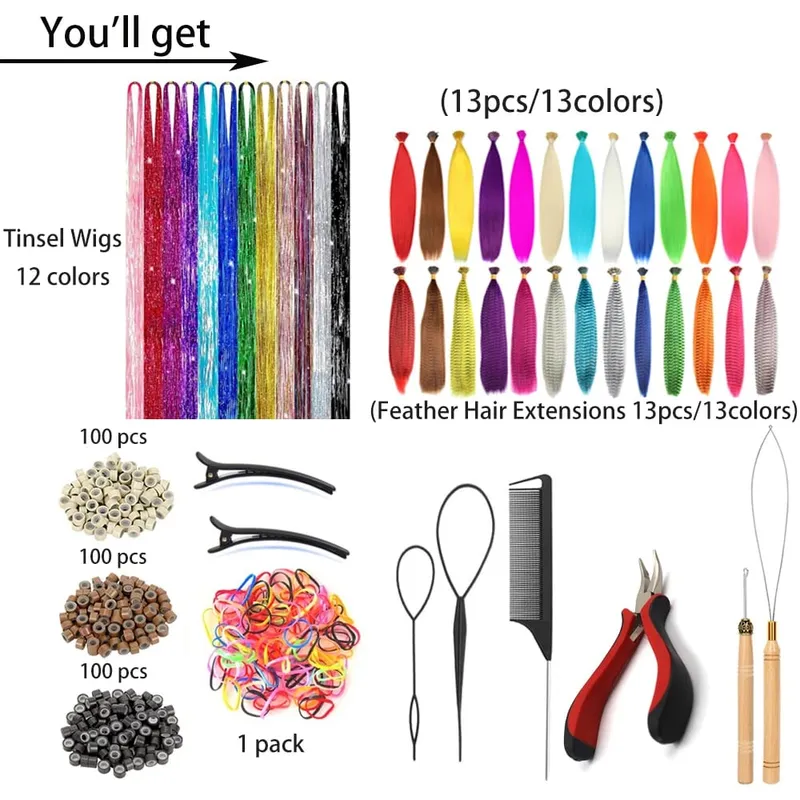 Colorful Synthetic Feather Extensions 16 Inch Long Hair Tool Set for Women 13 Available Colors 48 Pcs Set