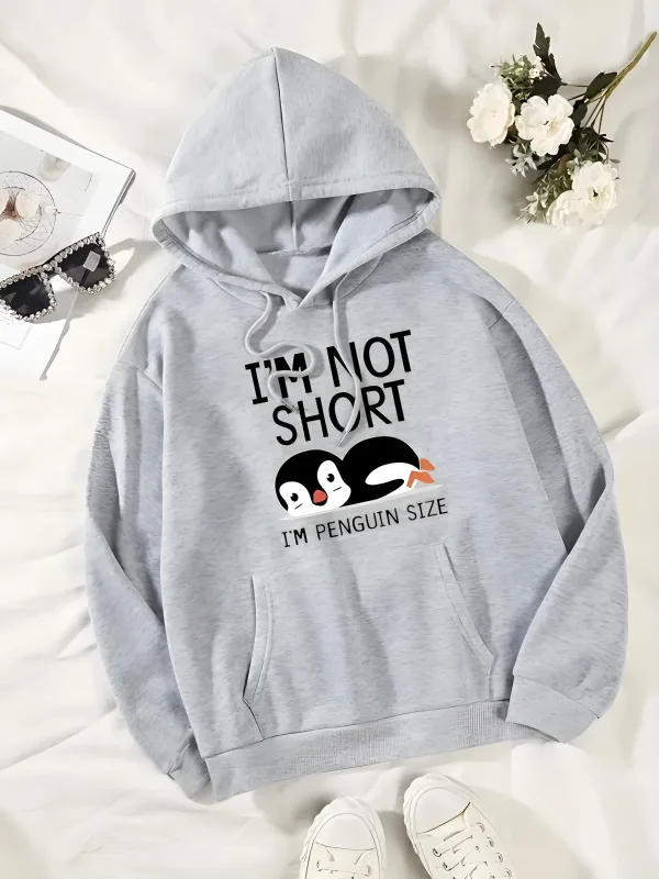 Baju Sweat Bertudung Bercetak Comel 'Saya Bukan Pendek Saya Penguin' Gaya Hip-Hop Kasual Uniseks Saiz Baju Sweat Grafik Penguin
