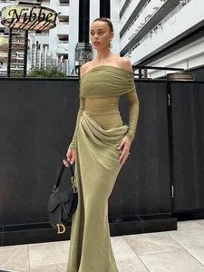 Nibber seksowna sukienka damska 2025 wiosenna patchworkowa siatka elegancka głęboki dekolt Ruched Fit Chic Birthday Party Festival wakacje Vestidos